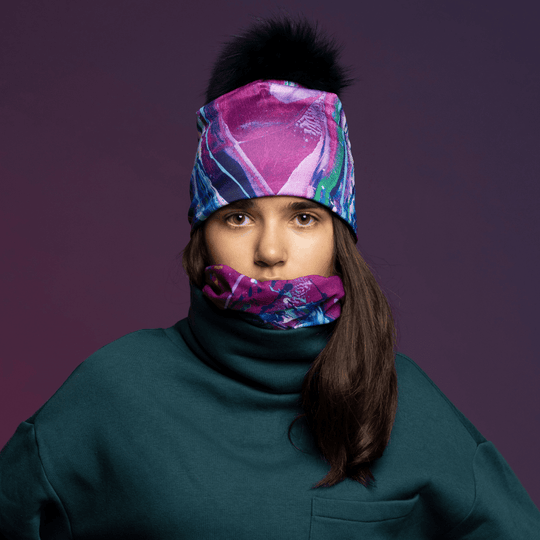 Front view of a person wearing the Hope Beanie and neck gaiter, looking directly at the camera.