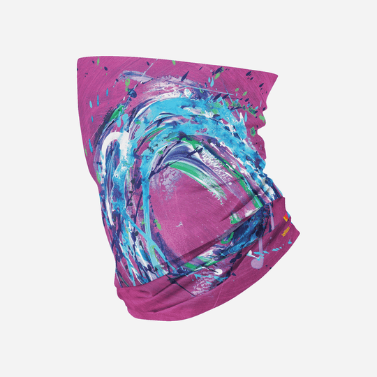 A pink multifunctional tube with a vibrant abstract blue and green paint splatter design.