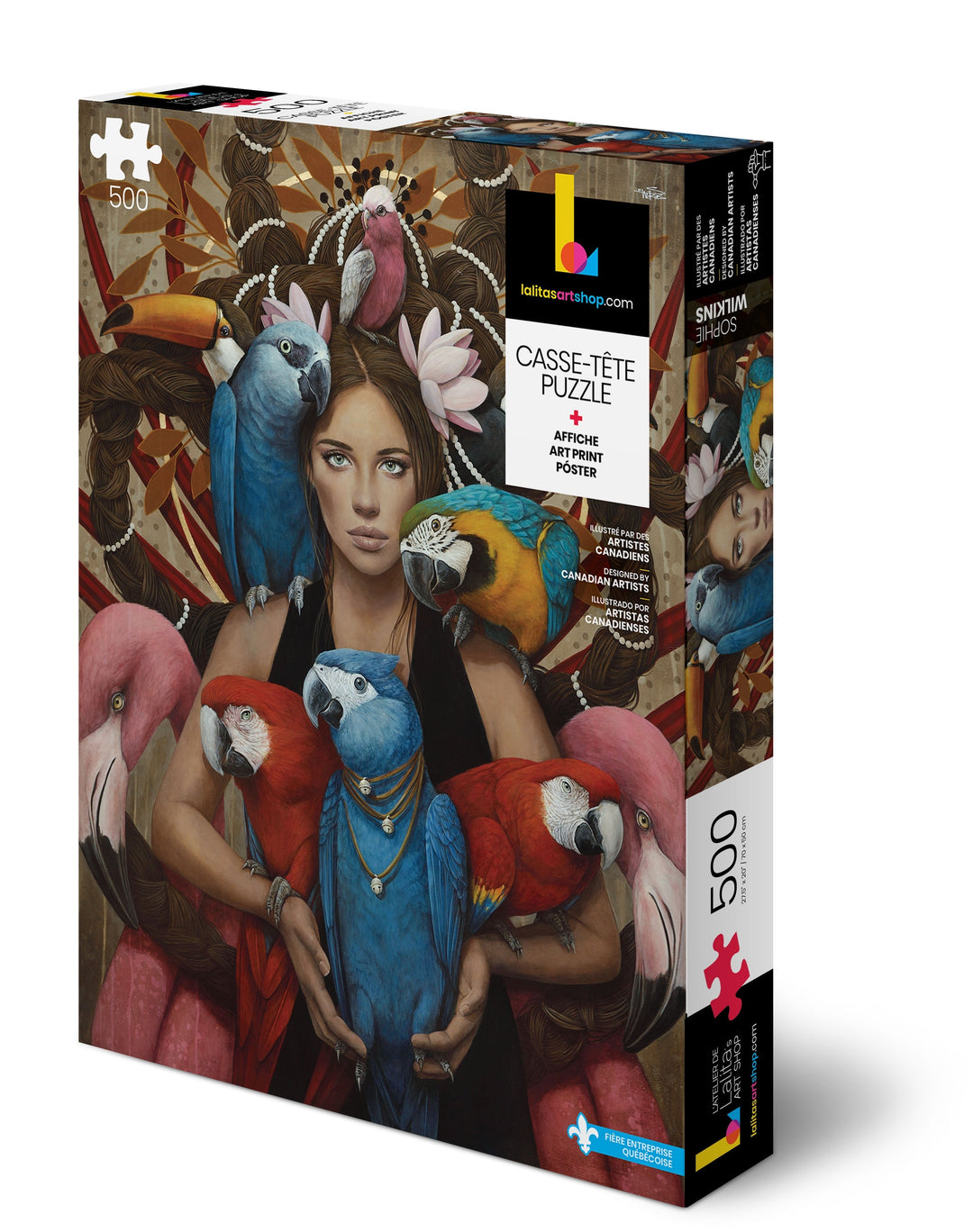 Box of the Jigsaw Puzzle Blu, showcasing a detailed illustration of a woman surrounded by colorful birds and flowers.