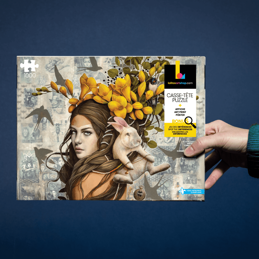 Hand holding the Jigsaw Puzzle Dream 1000-piece puzzle box, showcasing the artwork.