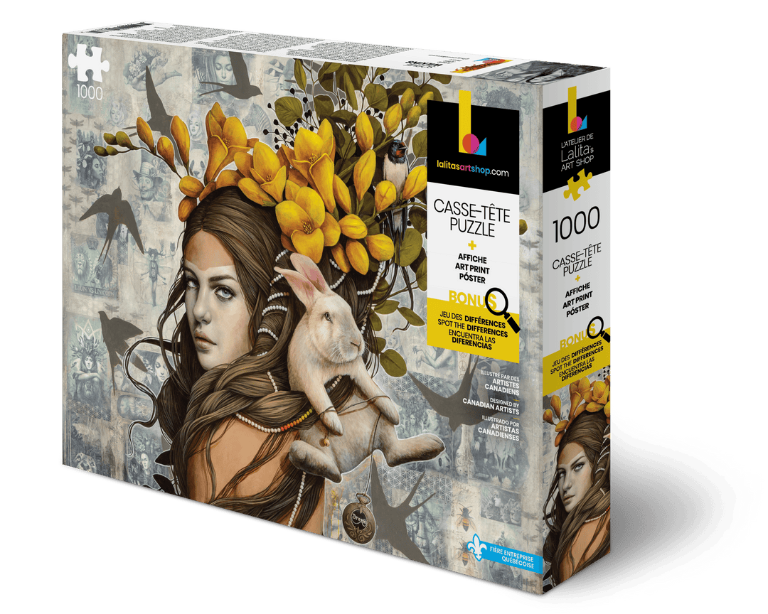 Box of the Jigsaw Puzzle Dream 1000-piece puzzle featuring a woman with a rabbit and yellow flowers.