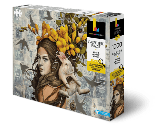 Box of the Jigsaw Puzzle Dream 1000-piece puzzle featuring a woman with a rabbit and yellow flowers.