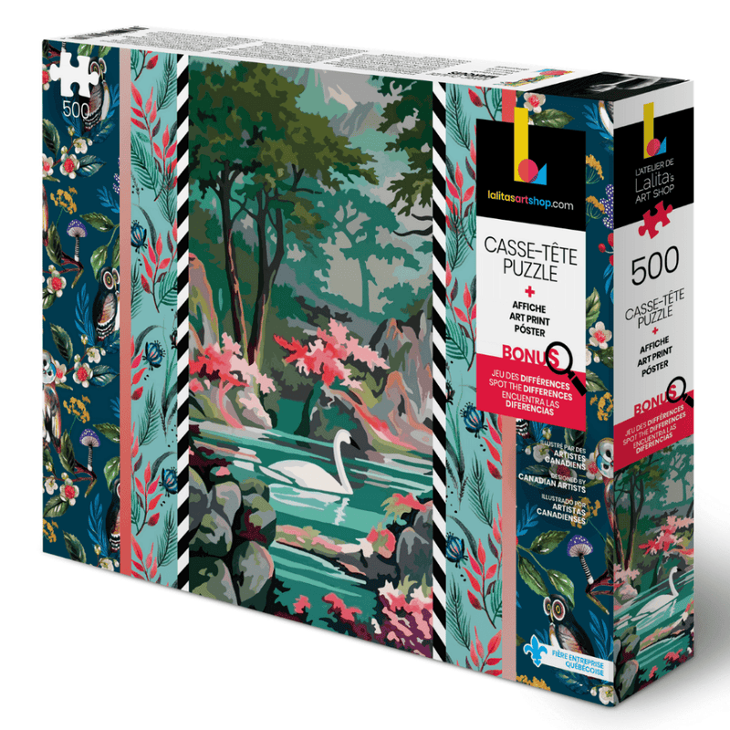 Product box for Jigsaw Puzzle "Flying High" showing a landscape with a swan and floral border.