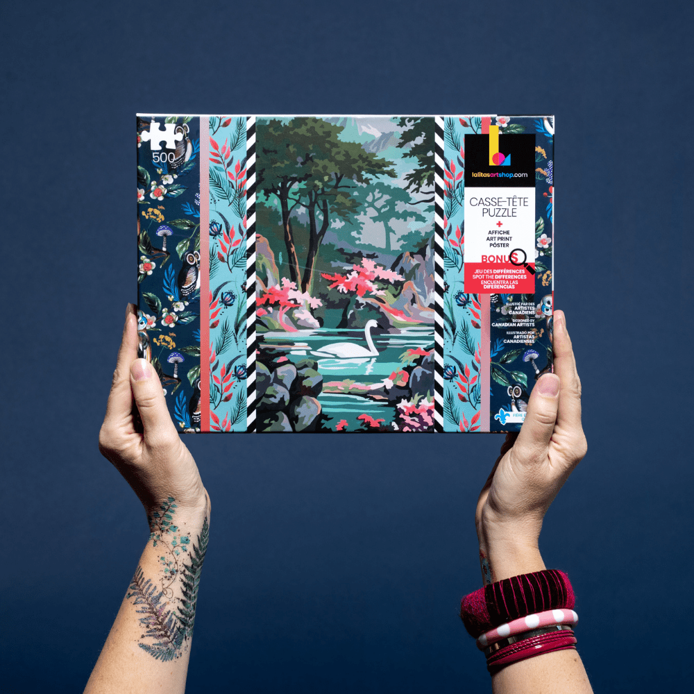 Hands holding the Jigsaw Puzzle "Flying High" box, showcasing the artwork.
