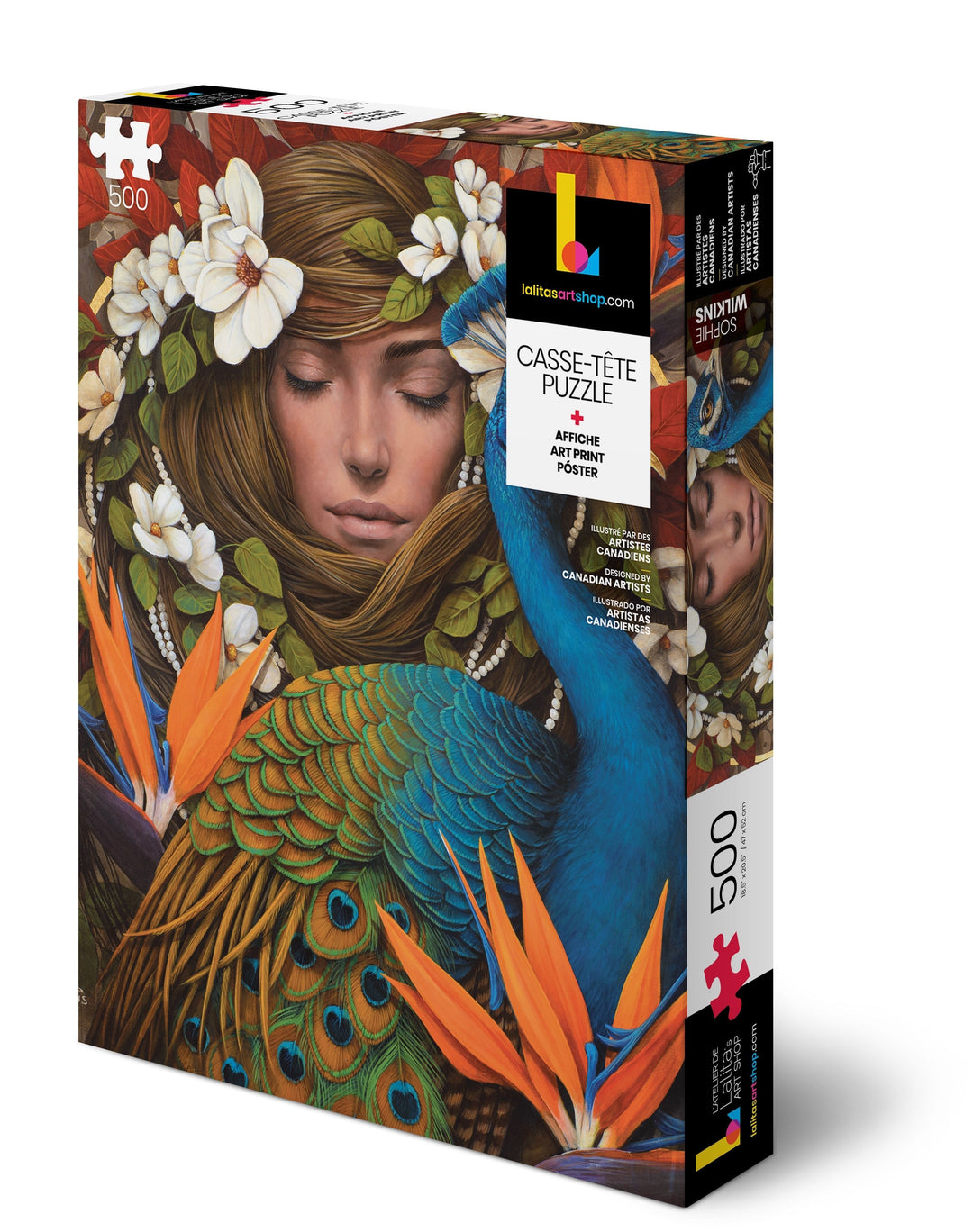 Box of the "Le Chrysalide" 500-piece jigsaw puzzle featuring a woman with a peacock and flowers.