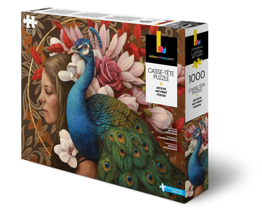 Box of the "Le Paon" 1000-piece jigsaw puzzle, showcasing a woman with a peacock and floral art.