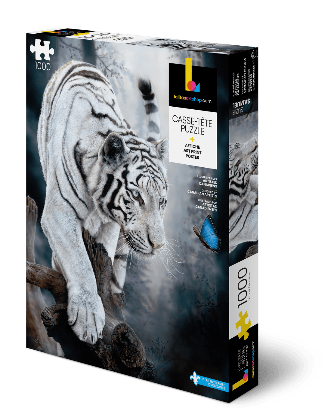 Box for the Jigsaw Puzzle "L'éveil" showing a hyper-realistic white tiger looking at a blue butterfly.