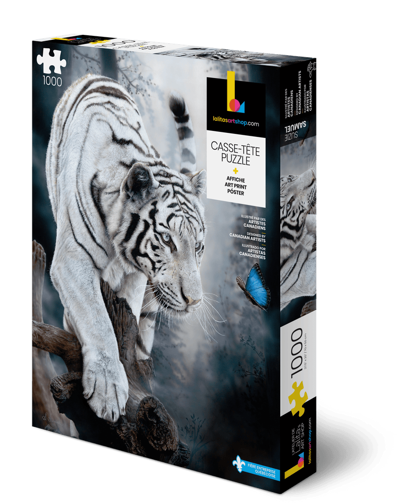 Box for the Jigsaw Puzzle "L'éveil" showing a hyper-realistic white tiger looking at a blue butterfly.