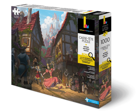 Box of the Jigsaw Puzzle Out Shopping! showing a bustling medieval street scene with colourful characters.