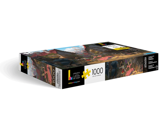 Side view of the Jigsaw Puzzle Out Shopping! box, highlighting the 1000-piece count and artwork.