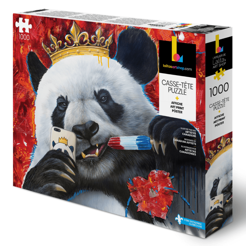Box of the Selfie Panda 1000-piece jigsaw puzzle, featuring a crowned panda taking a selfie.