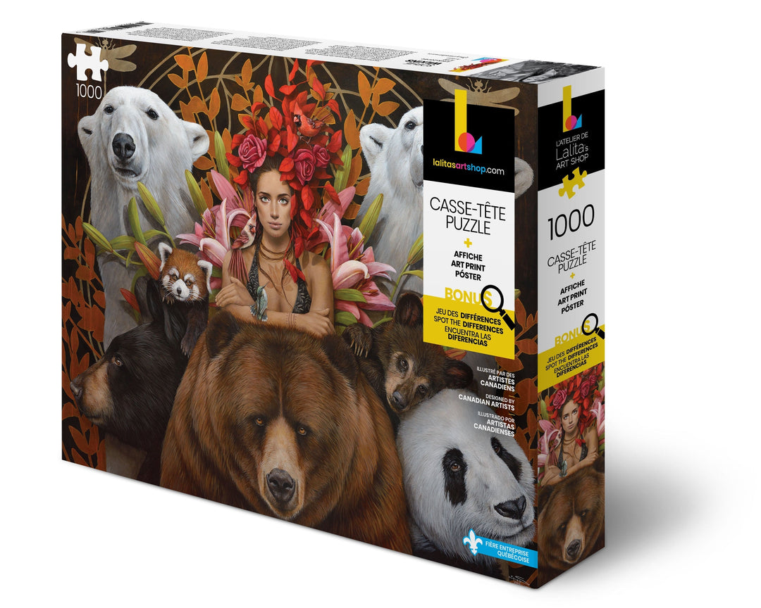 Box for the 1000-piece Teddy Bear jigsaw puzzle featuring a woman surrounded by various bears and art by a Canadian artist.