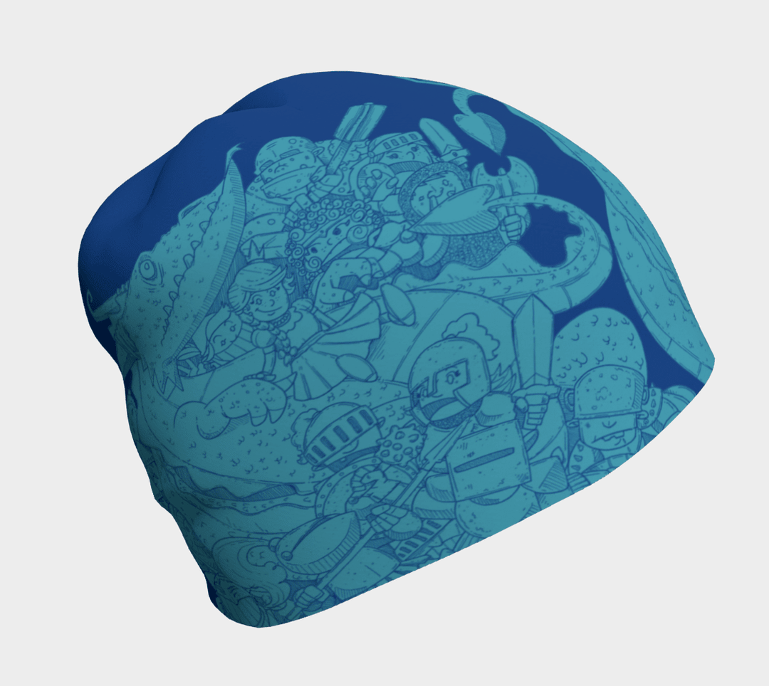 Blue beanie with a detailed blue line drawing of knights, a dragon, and a princess.