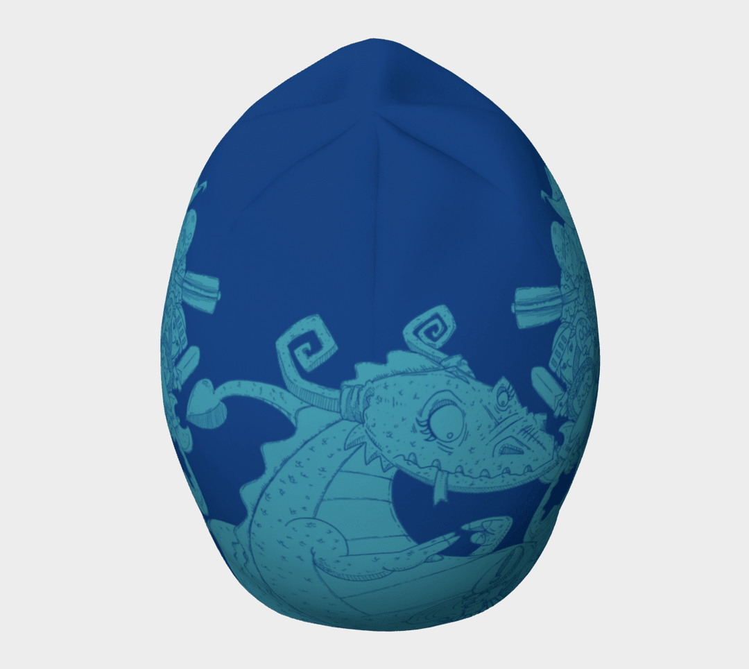 Top view of the blue Knights and Dragons beanie, featuring a close-up of a cartoonish blue dragon face.