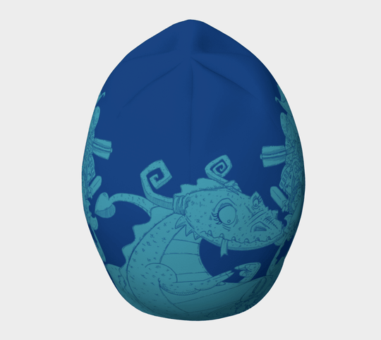 Top view of the blue Knights and Dragons beanie, featuring a close-up of a cartoonish blue dragon face.