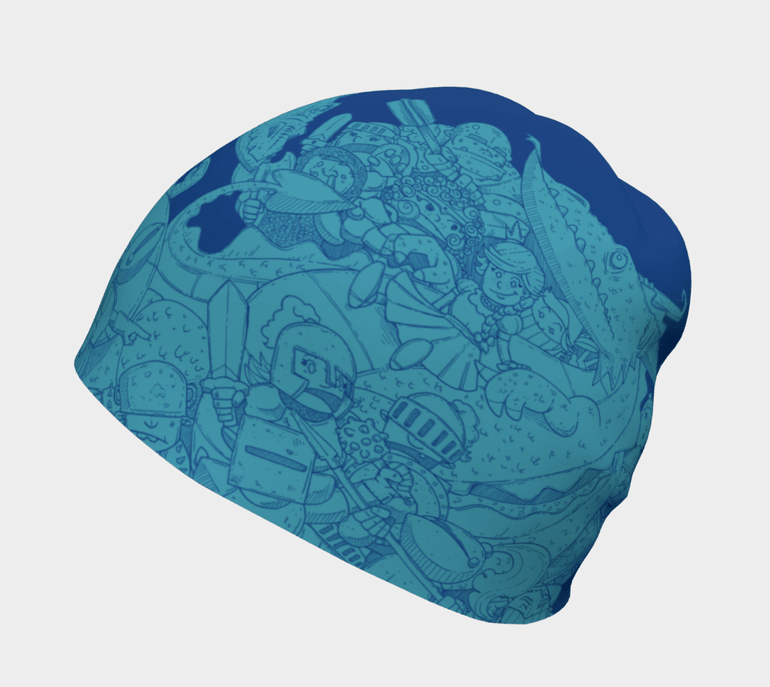Side view of the blue Knights and Dragons beanie showcasing the full artwork.