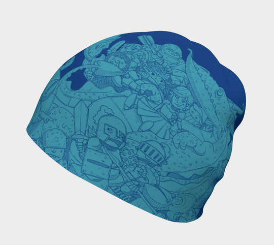 Side view of the blue Knights and Dragons beanie showcasing the full artwork.