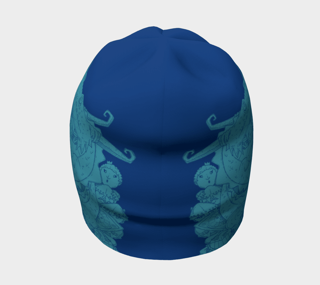 Back view of the blue Knights and Dragons beanie, showing a mirrored design of knights and dragons.