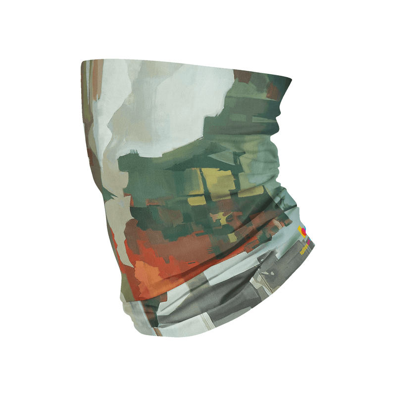 A white background showcases a single Lachine multifunctional tube with an abstract, colorful art print.