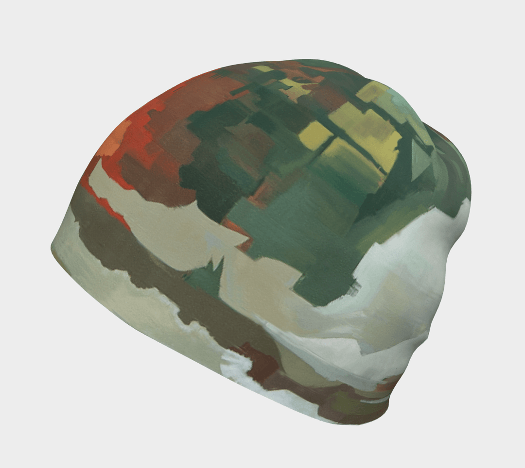 Lachine Sports Beanie for Men with abstract green, brown, and white art pattern