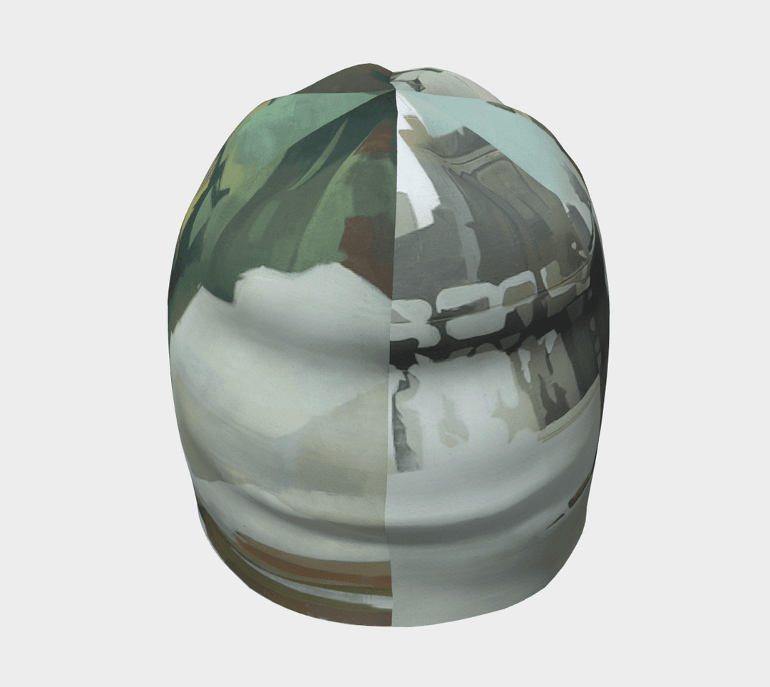 Back view of Lachine Sports Beanie for Men with abstract green and grey pattern