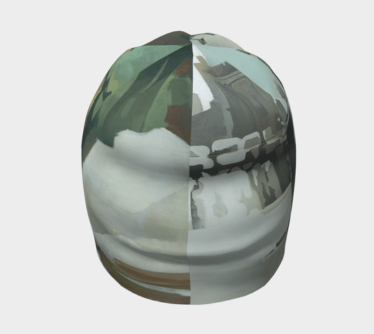 Back view of Lachine Sports Beanie for Men with abstract green and grey pattern