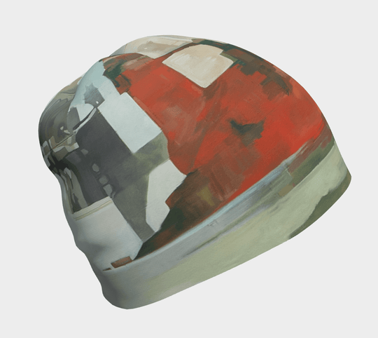 Lachine Sports Beanie for Men with abstract red, white, and grey art pattern