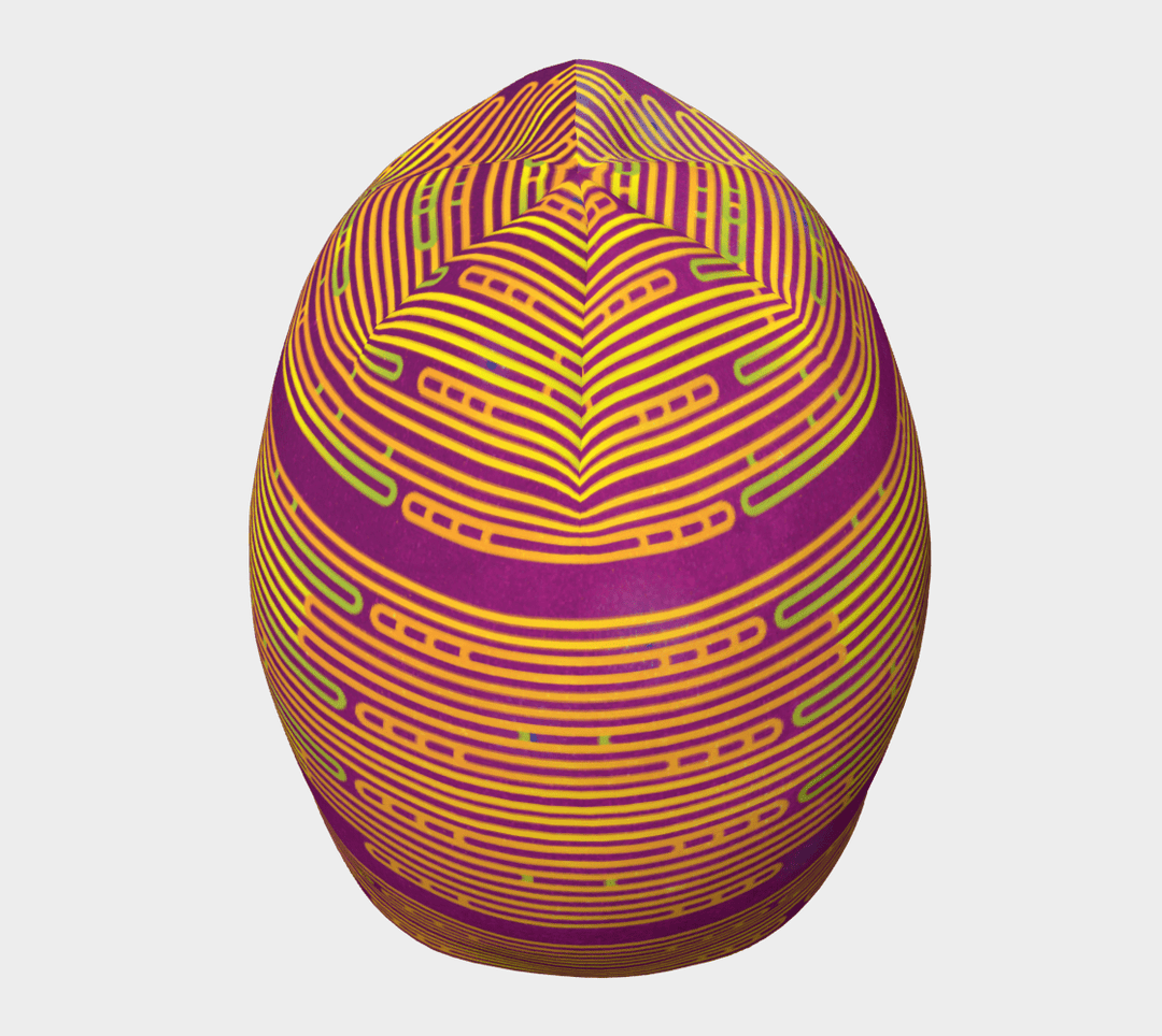 Magenta beanie with yellow and green abstract stripes shown from the front.