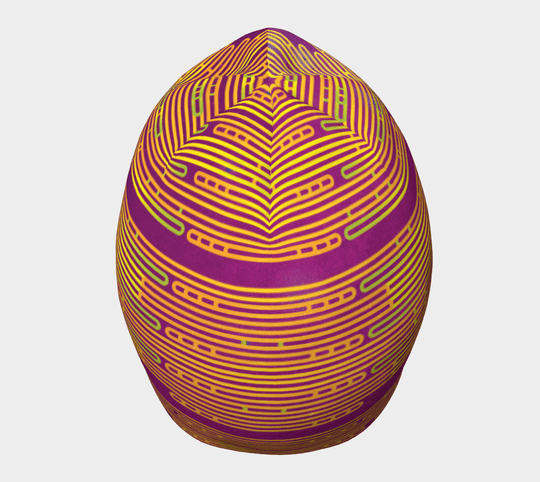 Magenta beanie with yellow and green abstract stripes shown from the front.