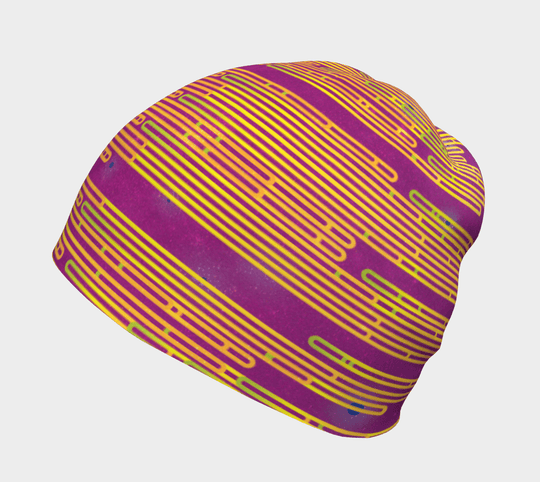 Magenta beanie with yellow and green abstract stripes shown from the side.