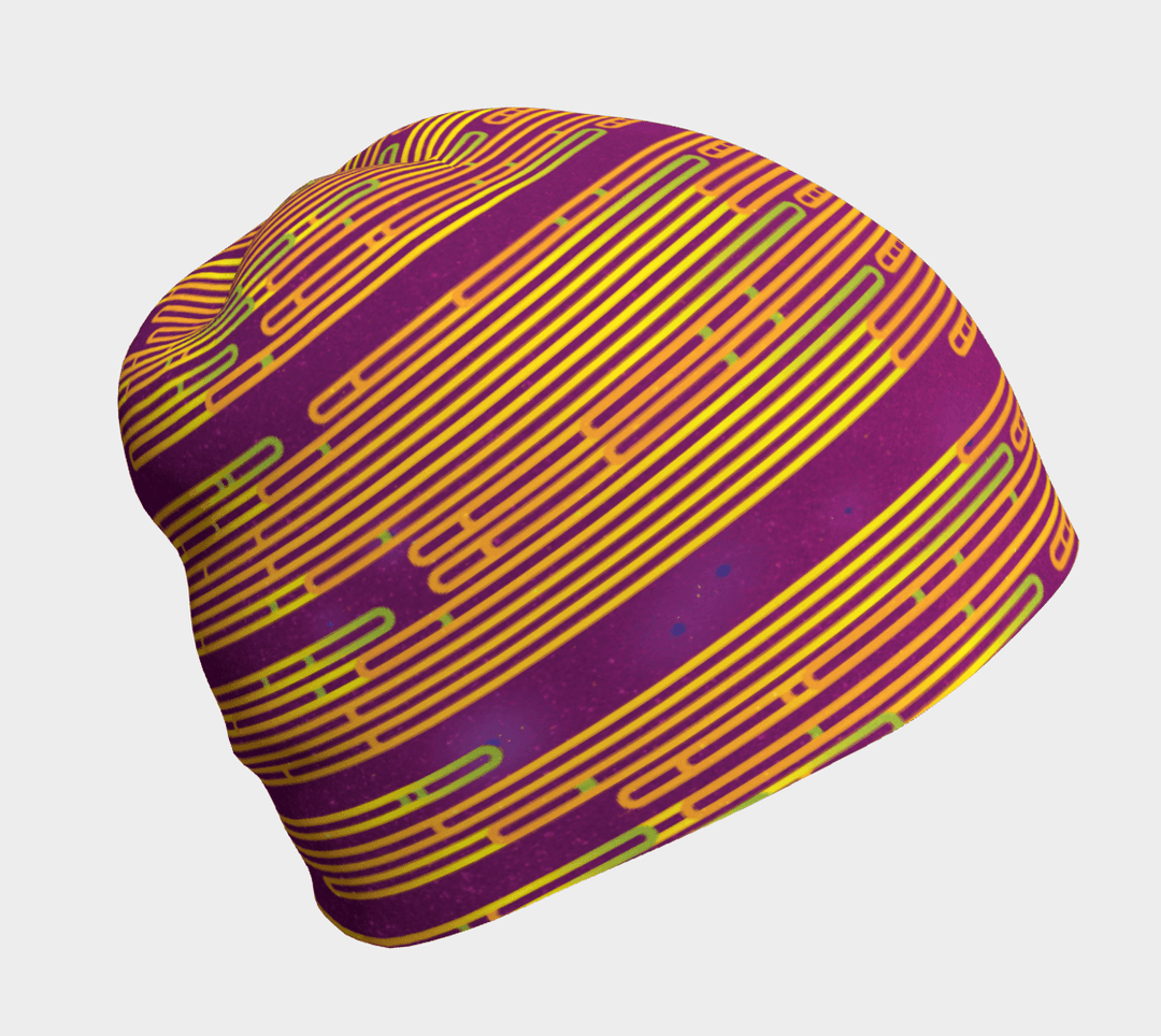 Magenta beanie with yellow and green abstract stripes shown from the side.