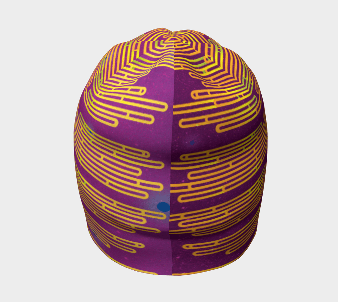 Magenta beanie with yellow and green abstract stripes shown from the top.
