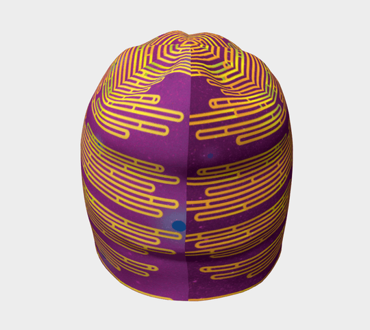 Magenta beanie with yellow and green abstract stripes shown from the top.