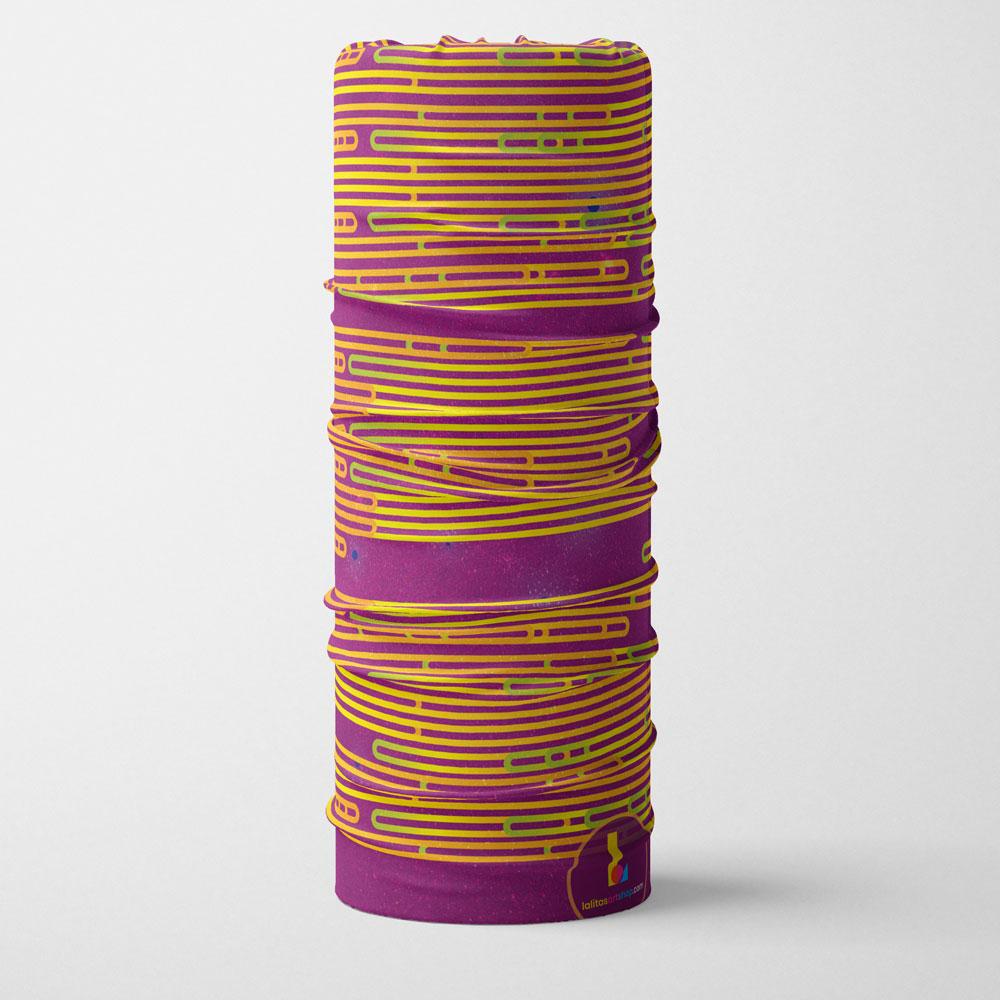 Rolled Magenta Multifunctional Tube with a visible laundry tag featuring the Lalita&