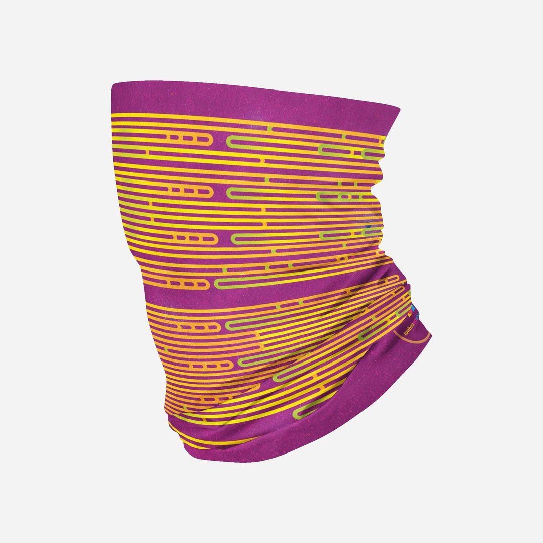 Folded Magenta Multifunctional Tube with horizontal yellow and green stripes on a purple background, featuring a speckled texture.