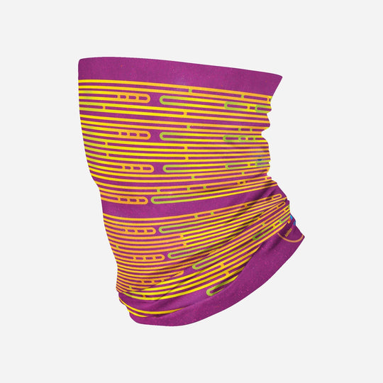 Folded Magenta Multifunctional Tube with horizontal yellow and green stripes on a purple background, featuring a speckled texture.