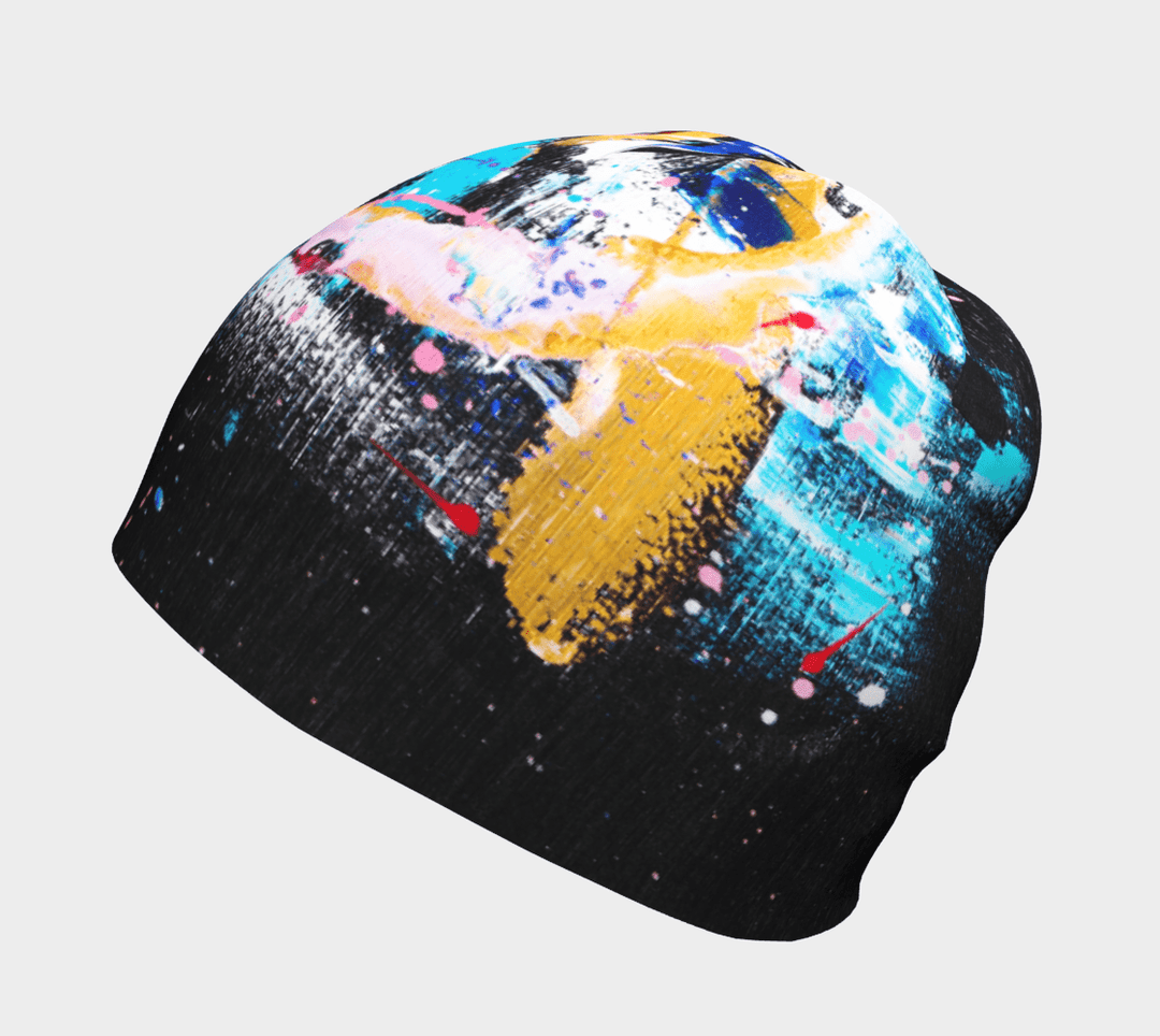 A close-up of the MatriX Beanie, highlighting the dynamic abstract art pattern.