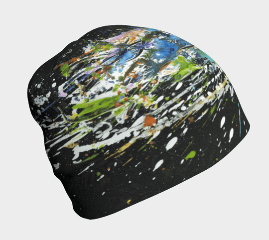 A black beanie with a colourful abstract paint splatter design.