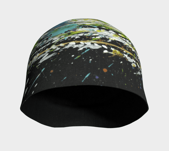Interior view of a black beanie with a black lining.