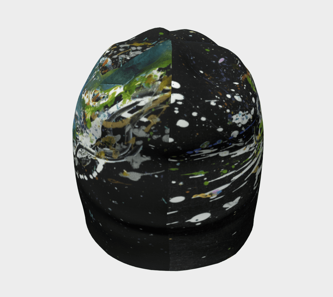 A black beanie adorned with a dynamic, colourful abstract design covering its surface.