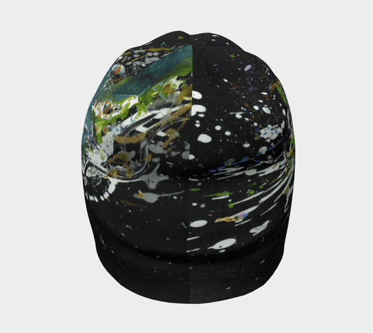 A black beanie adorned with a dynamic, colourful abstract design covering its surface.