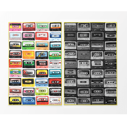 Towel with colorful and black and white cassette tape patterns side-by-side.