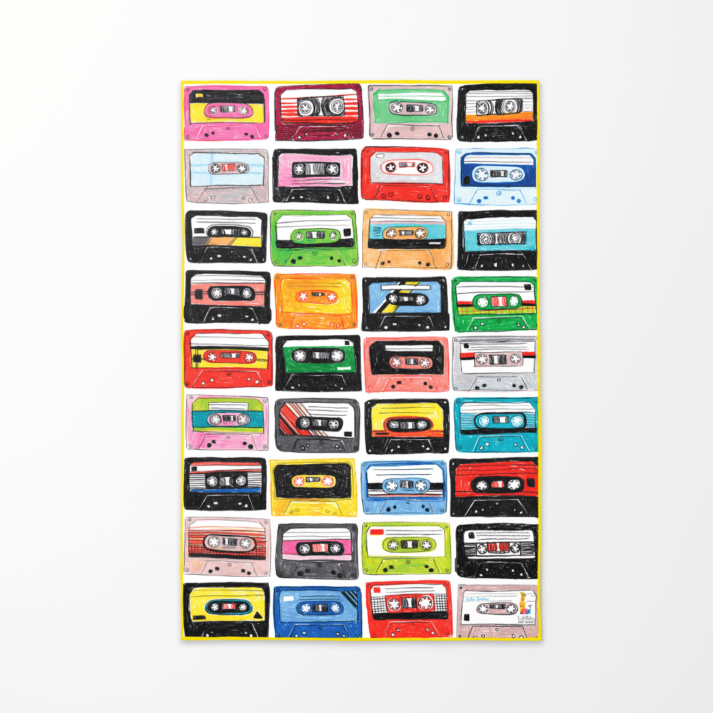 Close-up of the colorful cassette tape pattern on the Mixtapes beach towel.