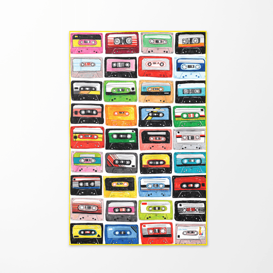 Close-up of the colorful cassette tape pattern on the Mixtapes beach towel.