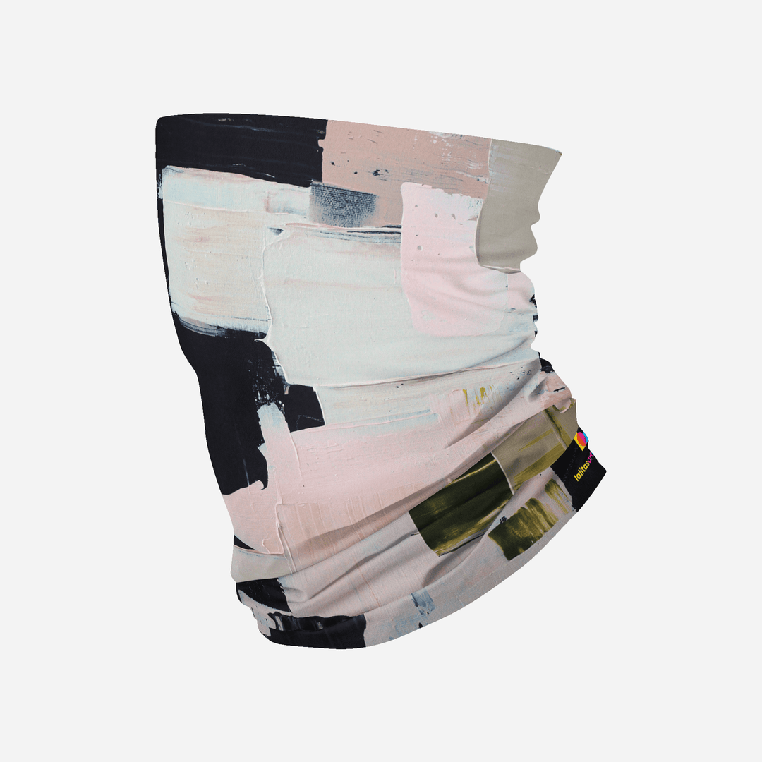 A multifunctional neck tube with a pink, black, and green abstract art pattern displayed against a white background.