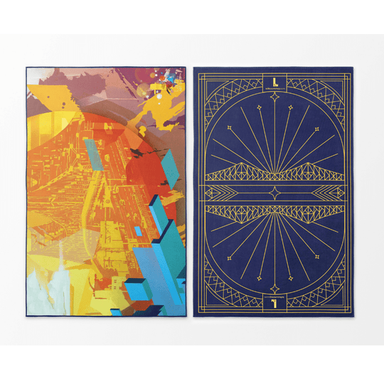 Reversible Montreal towel showing a vibrant graffiti-style art side and a geometric cityscape side.