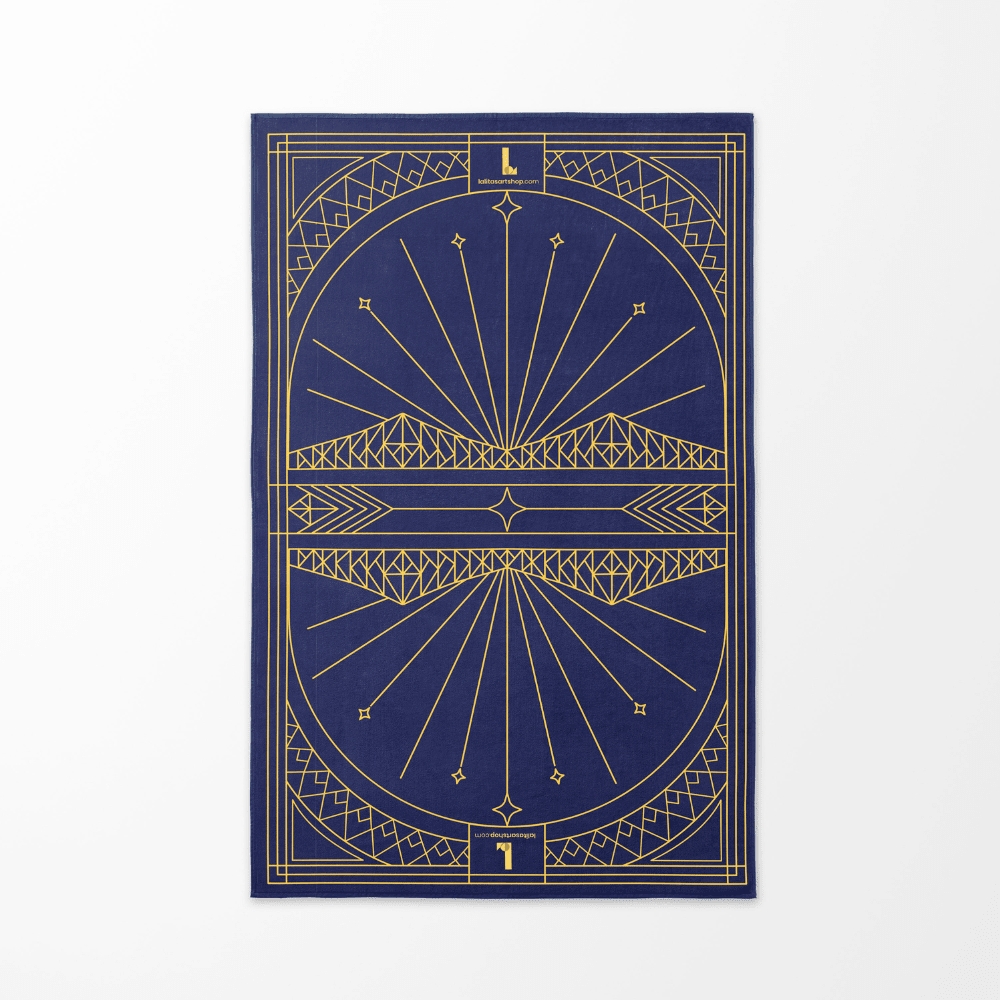 The geometric cityscape design of the Montreal towel, featuring a stylized bridge.