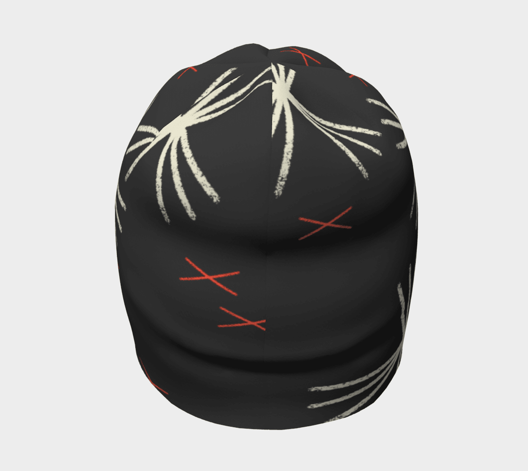 Top view of the MotifX Black Beanie, highlighting the full coverage of the abstract design.