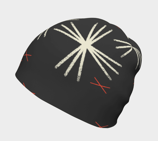 Side view of the MotifX Black Beanie showcasing the abstract pattern and its smooth texture.