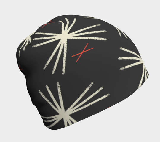 MotifX Black Beanie with a dark background featuring a white abstract sunburst pattern and red cross marks.